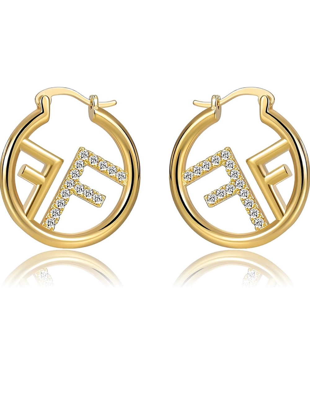 Gold Hoop Earrings with CZ - Designer Letter F Motif